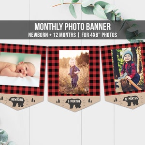 Lumberjack First Birthday Banner Monthly Photo Banner Buffalo Plaid Party Decor Instant Download Printable DIY Digital 0026