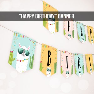 Happy Birthday Banner Llama Birthday Banner Fiesta Birthday Girl Cactus Llama Decoration Pink Instant download PRINTABLE DIGITAL DIY 0079