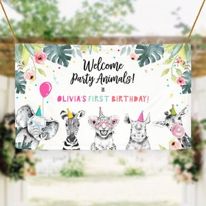 Editable Party Animals Birthday Backdrop Banner Welcome Safari Animals Girl Pink First Birthday Sign Download Corjl Template Printable 0322 image 2