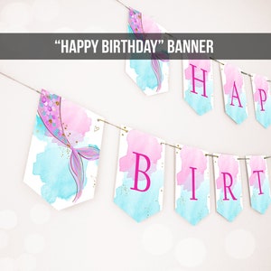 Mermaid Happy Birthday Banner Mermaid Birthday Decor Gold Pink Purple Under The Sea Party Mermaid Tail Decor Instant Download Printable 0403