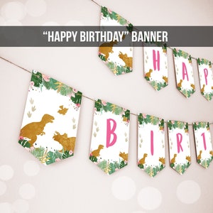 Happy Birthday Banner Girl Dinosaur Birthday Banner Pink Gold Dino Prehistoric Dinosaur Decor Instant download PRINTABLE DIGITAL DIY 0146