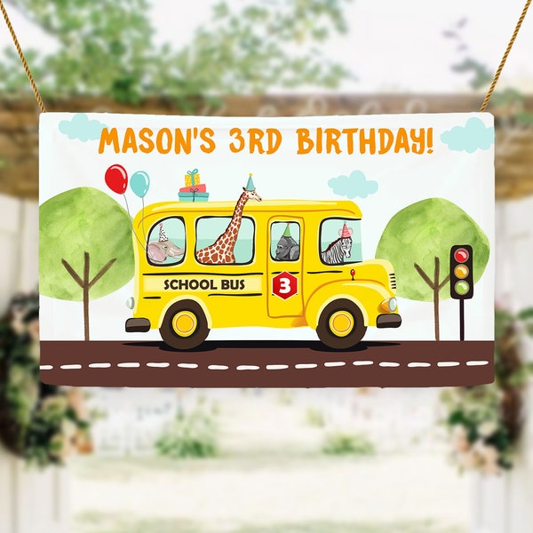 Editable Wheels on the Bus Backdrop Banner School Bus Birthday Boy Wheels on The Bus Birthday Party Download Corjl Template Printable 0325