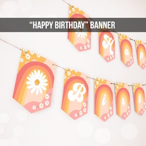 Happy Birthday Banner Daisy Birthday Banner Girl Groovy Birthday Party Decor Boho Retro Floral 70&#39;s Hippie Download PRINTABLE DIGITAL 0428