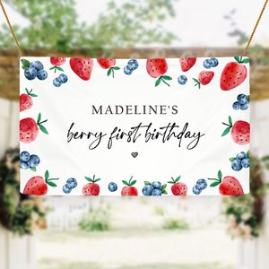 Editable Strawberry Blueberry Backdrop Banner Berry First Birthday Girl Strawberries Berry Sweet Download Corjl Template Printable 0399