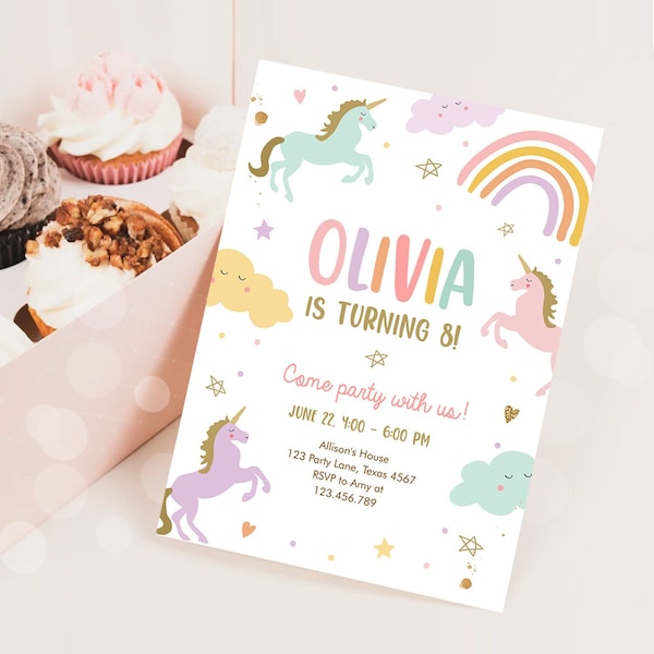 Editable Unicorn Birthday Invitation Magical Party Invite Girl Pink Pastel First Digital Unicorn Party Template Rainbow Download Corjl 0426