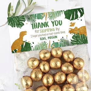 Editable Dinosaur Treat Bag Toppers Boy Gold Dinosaur Birthday Party Thank You for Stomping By Dino Favor Bag Corjl Template Printable 0146
