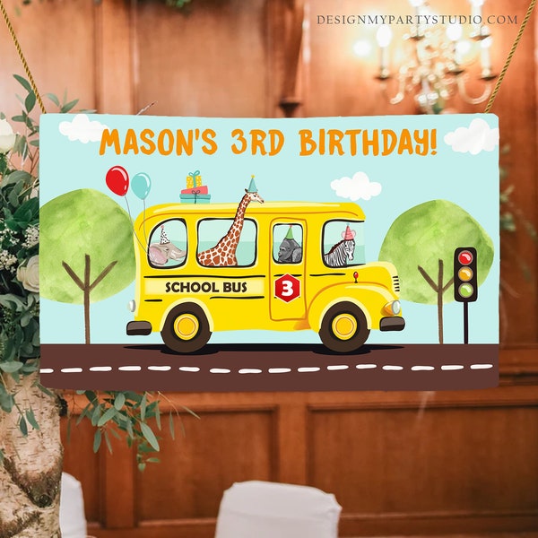 Editable Wheels on the Bus Backdrop Banner School Bus Birthday Boy Wheels on The Bus Birthday Party Download Corjl Template Printable 0325