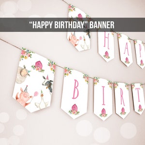 Happy Birthday Banner Pink Farm Birthday Banner Farm Animals Girl Barnyard Birthday Decorations Instant download PRINTABLE DIGITAL DIY 0155