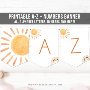 Sunshine Birthday Banner A-Z Alphabet Numbers Banner First Happy Birthday Banner Sun Decor Trip Around the Sun Party Download Printable 0431