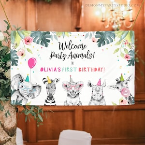 Editable Party Animals Birthday Backdrop Banner Welcome Safari Animals Girl Pink First Birthday Sign Download Corjl Template Printable 0322