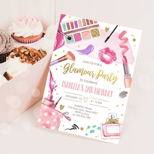 Editable Glamour Birthday Party Glitters and Glamour Spa Makeup Birthday Invitation Pink Gold Girl Download Printable Template Corjl 0420