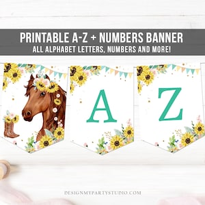 馬の誕生日バナー A-Z アルファベット数字バナー ひまわり 初めてのハッピーバースデーバナー 女の子のポニー サドルアップ カウガール デコレーション 印刷可能 0408
