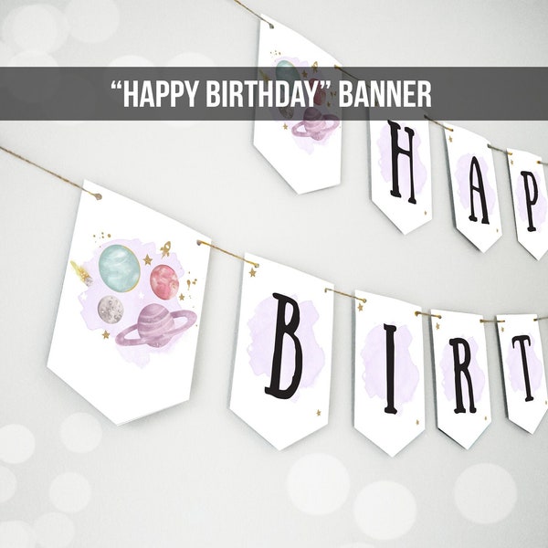 Happy Birthday Banner Outer Space Planets Banner Girl Galaxy Purple Birthday Decorations Rocket Instant Download PRINTABLE DIGITAL DIY 0357