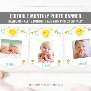 Editable Little Sunshine Monthly Photo Banner First Birthday Banner Boy Blue Bow Tie Sunshine Decor Summer Digital Template Printable 0141
