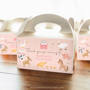 Editable Farm Animals Gable Gift Box Label Pink Farm Birthday Girl Treat Box Label Pink Barnyard Party Modern Digital Printable Corjl 0436