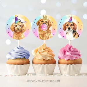 Hunde Cupcake Topper Welpen Gunst Tags Welpen Geburtstag Regenbogen rosa Mädchen-Party Tiere Geburtstag Dekor Download Digital PRINTABLE 0460