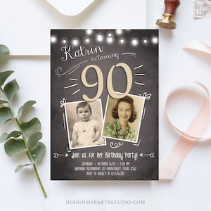 Convite de aniversário de 90 anos editável para qualquer idade, quadro-negro rústico, aniversário de adulto, noventa, foto, vintage, download, modelo Corjl para impressão 0230