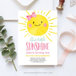 Editable Our Little Sunshine Birthday Invitation Girl Summer Birthday First Birthday 1st Party Pink Girl Bow Download Corjl Template 0141