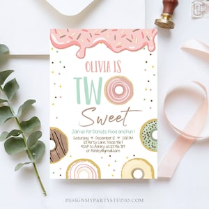 Editable Donut Two Sweet Birthday Invitation Second Birthday Party Pink Girl Doughnut 2nd Digital Download Printable Template Corjl 0320