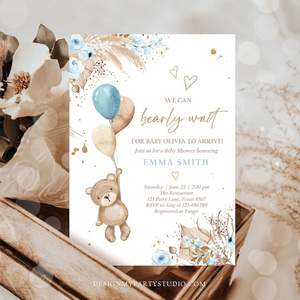 Editable Boho Teddy Bear Baby Shower Invitation We can Bearly Wait Boy Blue Bohemian Pampas Grass Cute Template Instant Download Corjl 0421