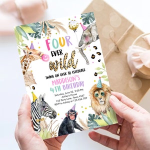 Editable Four Ever Wild Birthday Invitation Leopard Safari Animals Zoo 4th Birthday Party Animals Download Printable Template Corjl 0417