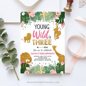 Editable Young Wild and Three Birthday Invitation Animals Invite Party Jungle Safari Pink Gold Download Printable Template Corjl 0016