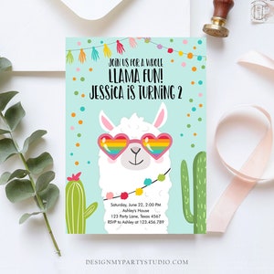 Bewerkbare hele lama leuke verjaardagsuitnodiging lama Fiesta cactus zonnebril meisje blauwe alpaca Instant Download afdrukbare sjabloon Corjl 0079