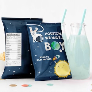 Editable Outer Space Chip Bag Outer Space Baby Shower Decor Houston We Have A Boy Astronaut Galaxy Snack Favors Digital Corjl Template 0046