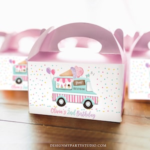 Editable  Ice Cream Truck Favor Box Label Gable Gift Box Ice Cream Birthday Sweet One First Girl Treat Box Tag Download Printable Corjl 0243
