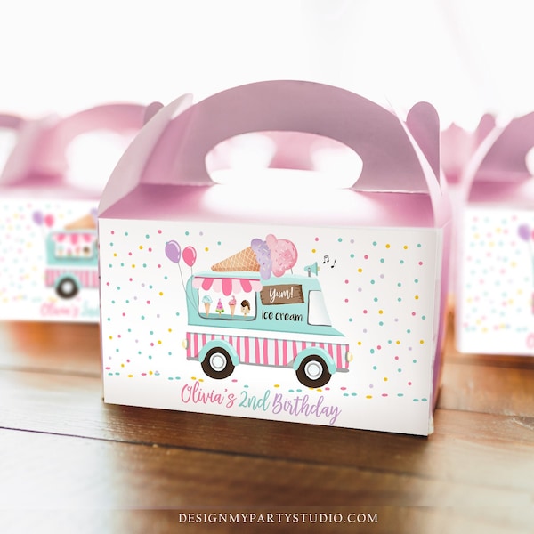 Editable  Ice Cream Truck Favor Box Label Gable Gift Box Ice Cream Birthday Sweet One First Girl Treat Box Tag Download Printable Corjl 0243