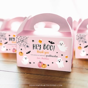 Editable Pink Halloween Gable Box Favor Label Halloween Ghost Gift Box Label Hey Boo Pink Ghost Birthday Treat Download Printable Corjl 0418