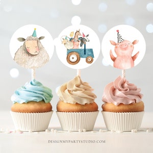Barnyard Birthday Cupcake Toppers Favor Tags Farm Birthday Party Decor Blue Tractor Farm Animals Stickers Download Digital PRINTABLE 0155