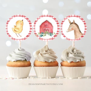 Barnyard Birthday Cupcake Toppers Favor Tags Farm Birthday Party Decoration Red Farm Animals Stickers download Digital PRINTABLE 0155