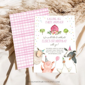 Editable Farm Animals Birthday Invitation Girl Farm Barnyard First Birthday Party Animals Confetti Download Corjl Template Printable 0155