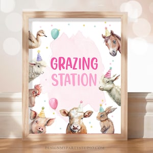 Grazing Station Food Party Sign Farm Birthday Sign Table Decor Barnyard Birthday Farm Animals Pink Girl Snacks Farm Party Printable 0448