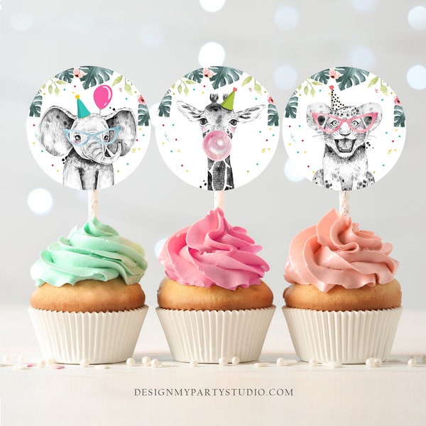 Party Animals Cupcake Toppers Favor Tags Birthday Party Decoration Safari Animals Zoo Birthday Wild One download Digital PRINTABLE 0322