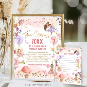 Editable Time Capsule Fairy First Birthday Party Fairy Garden Decorations Forest Girl Pink Purple Magical Template Printable Corjl 0406