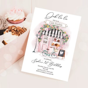 Editable Paris Birthday Invitation Girl Tea Party Invite Pink Floral French Parisian Cafe Patisserie Printable Template Corjl Digital 0441