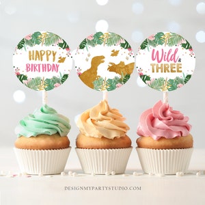 Wild and Three Cupcake Toppers Favor Tags Dinosaur Third Birthday Party 3rd Decor Girl Stickers Dino Party Pink Gold Download Printable 0146