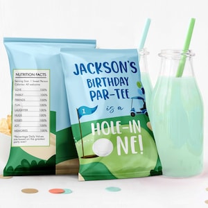 Editable Hole in One Birthday Chip Bag Golf First Birthday Par-tee Decor Boy Golfing Party Favors 1st Birthday Digital Corjl Template 0405