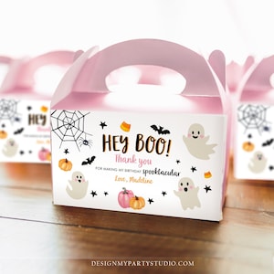 Editable Pink Halloween Gable Box Favor Label Halloween Ghost Gift Box Label Hey Boo Pink Ghost Birthday Treat Download Printable Corjl 0418