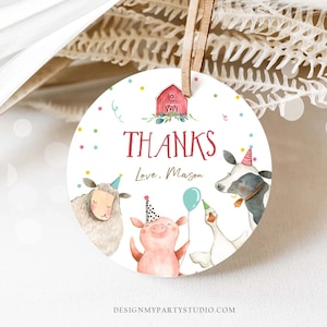 Editable Farm Animals Thank You Tags Boy Birthday Red Barn Barnyard Stickers Farm Birthday Decor Favor Tags Cow Confetti Template Corjl 0155