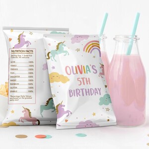 Bearbeitbare Einhorn Chip Tasche Magisches Einhorn Geburtstag Party Dekor Mädchen Regenbogen Party Snack Einhorn Gefälligkeiten Pastell Digital Download Vorlage 0426