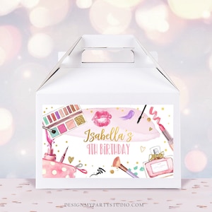 Caixa de lembrancinhas para festa de spa editável Glamour Aniversário Gable Box Label Girl Makeup Party Fashion Glitters and Glamour Download Printable Corjl 0420