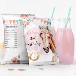 Editable Horse Birthday Chip Bag Cowgirl Party Decor Girl Pony Birthday Saddle Up Pink Floral Horse Snack Pony Favors Digital Template 0398