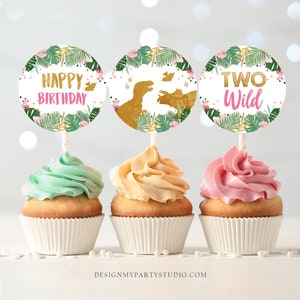 Two Wild Cupcake Toppers Favor Tags Dinosaur Second Birthday Party 2nd Decor Girl Stickers Dino Party Pink Gold Download Printable 0146
