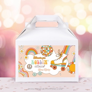 Editable Retro Skate Birthday Party Gable Box Favor Label 70&#39;s Gift Box Labels Skating Party Rolling Roller Digital Template Printable 0459
