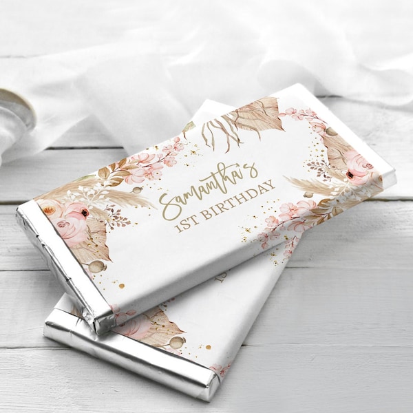 Editable Candy Bar Wrapper Pampas Grass 1st Birthday Candy Bar Wrapper Boho Birthday Favors Party Girl Thank You PRINTABLE Corjl 0395