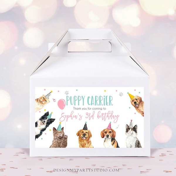 Editable Cats and Dogs Favors Puppy Carrier Box Label Puppy Birthday Favor Box Label Cat Birthday Adopt a Pet Download Printable Corjl 0384