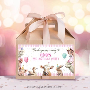 Editable Farm Animals Gable Gift Box Label Pink Farm Birthday Girl Treat Box Label Party Animals Barnyard Party Digital Printable Corjl 0448